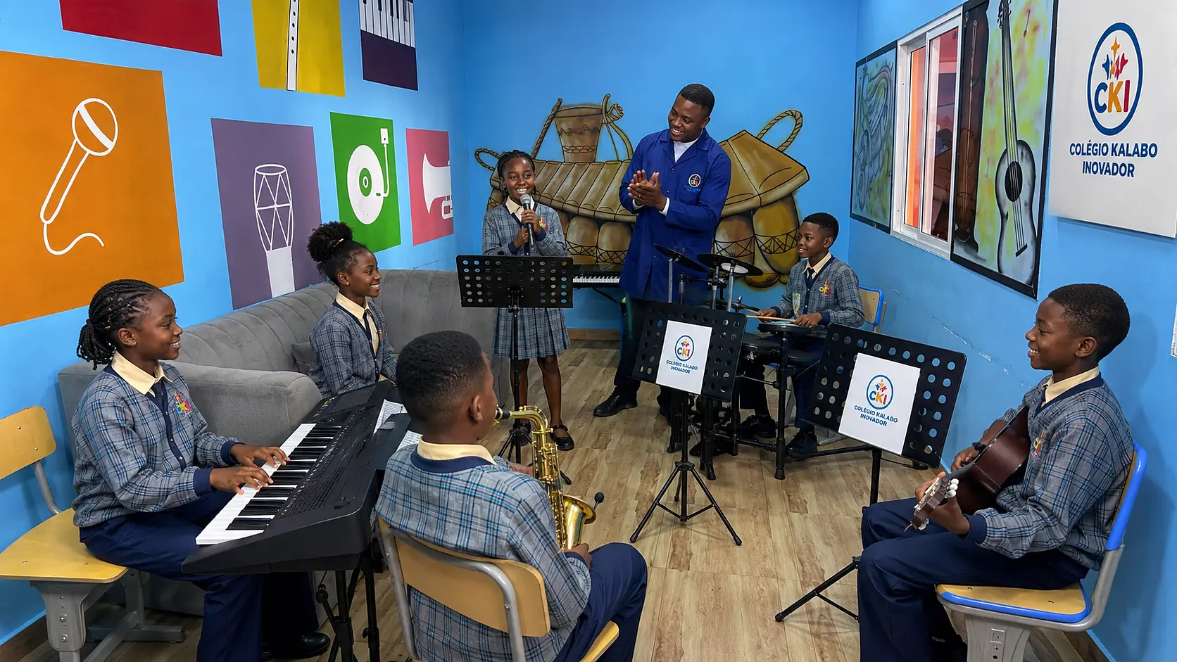 Alunos do CKI numa aula de música com instrumentos e professor